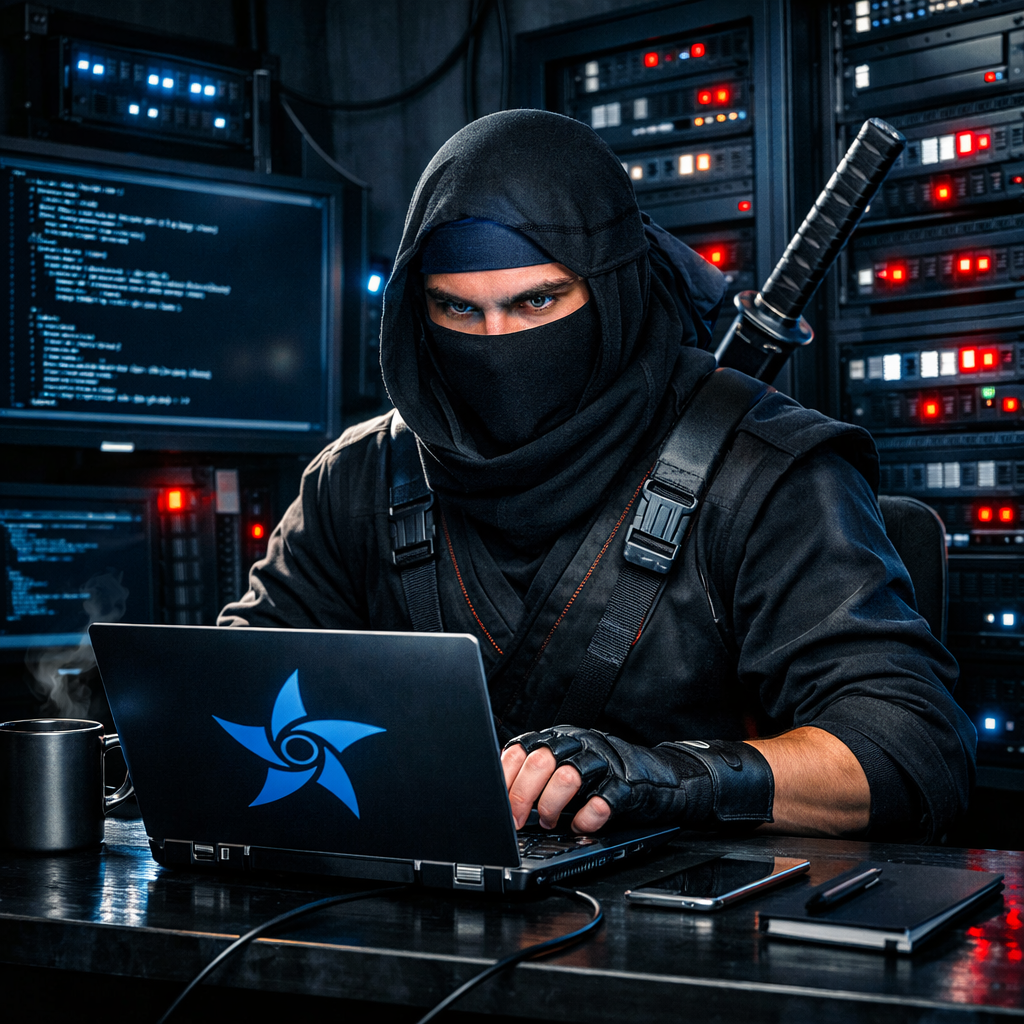 Ninja hacking on laptop in server room.