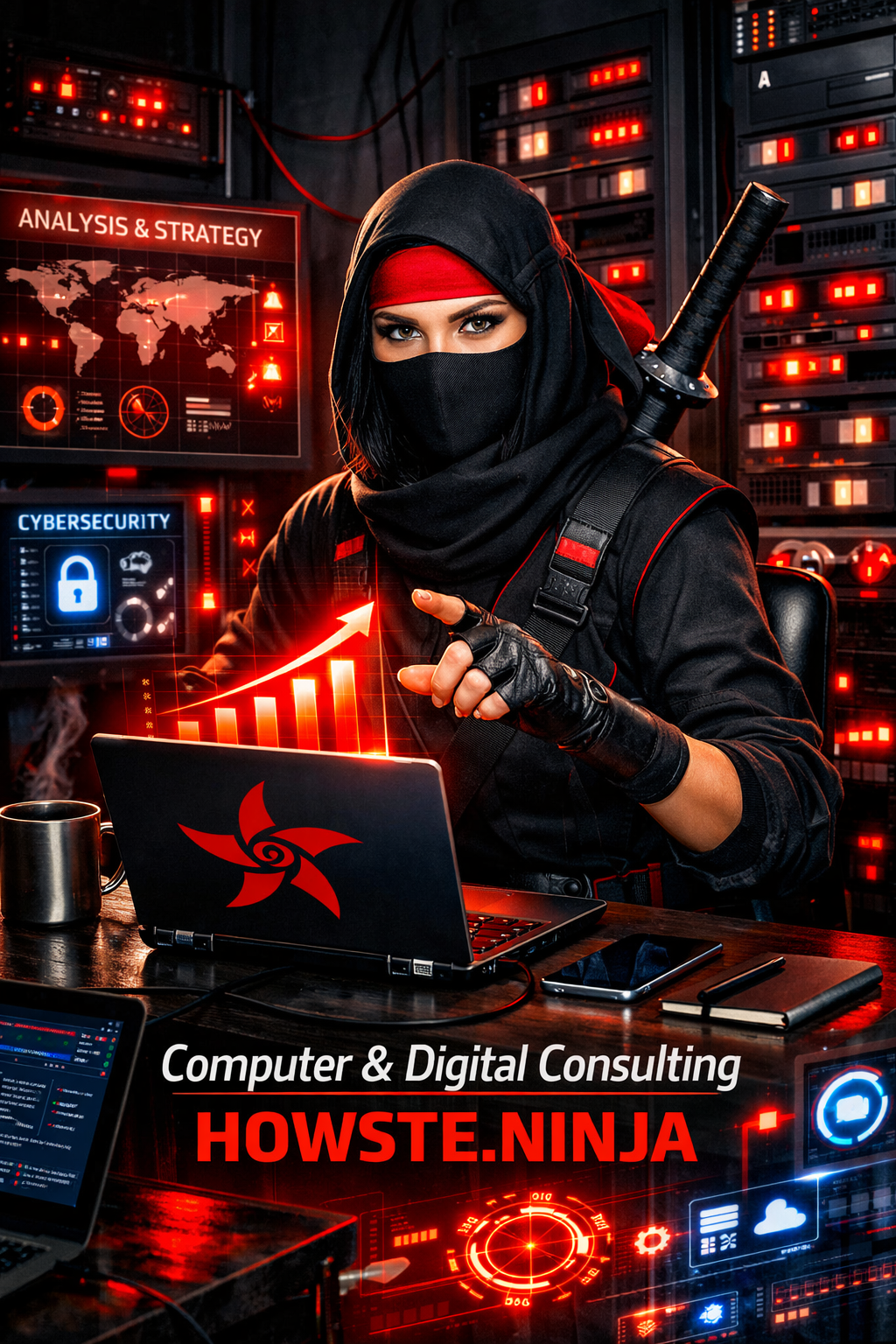 Ninja working on cybersecurity analysis and digital strategy.