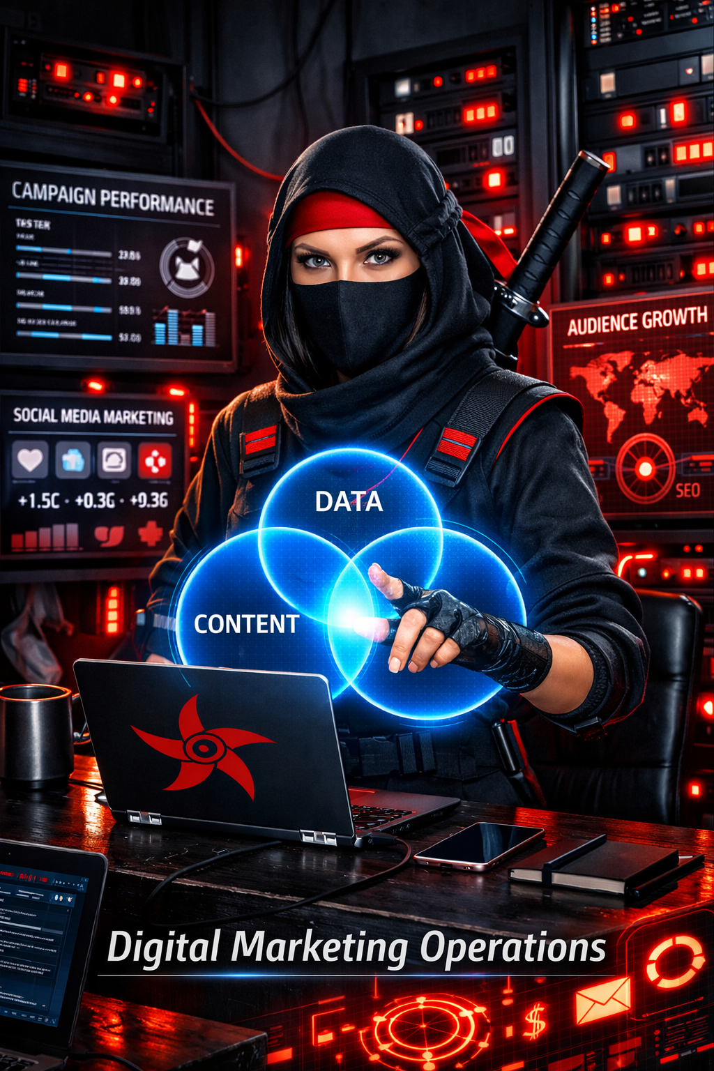 Person in tech room with digital marketing elements.