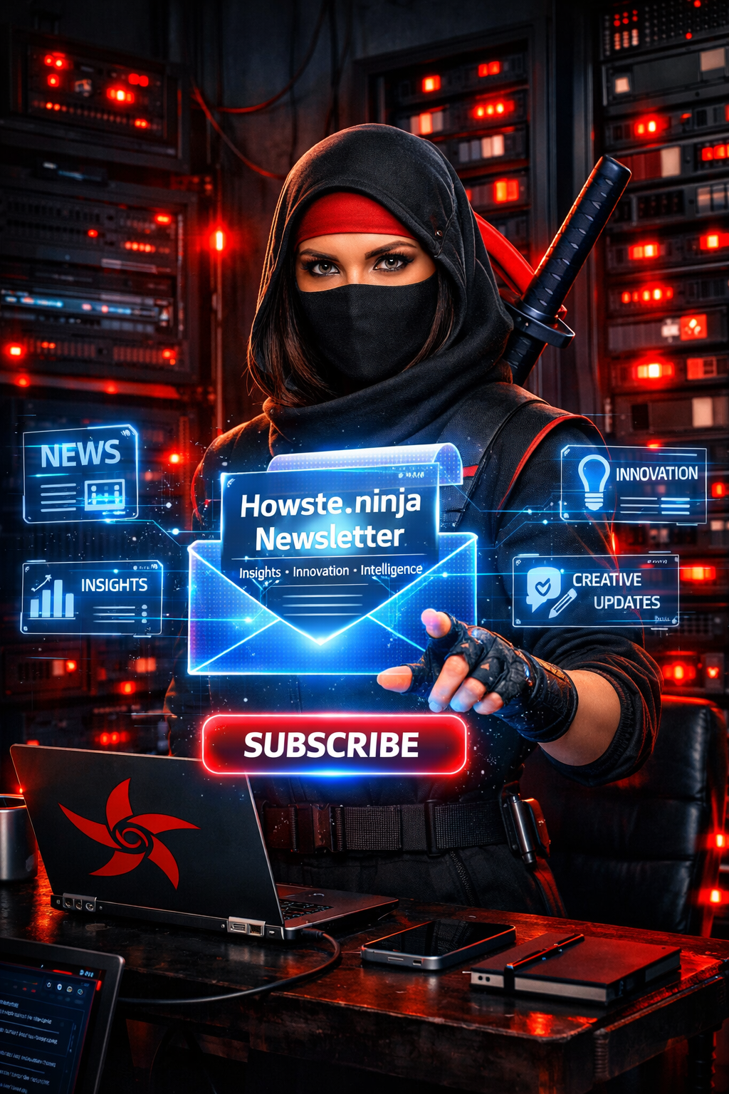 Ninja-themed newsletter promotion with technology elements.